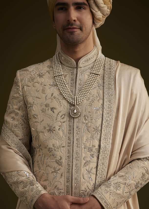 Fawn Silk Sherwani With Zardosi Embroidery