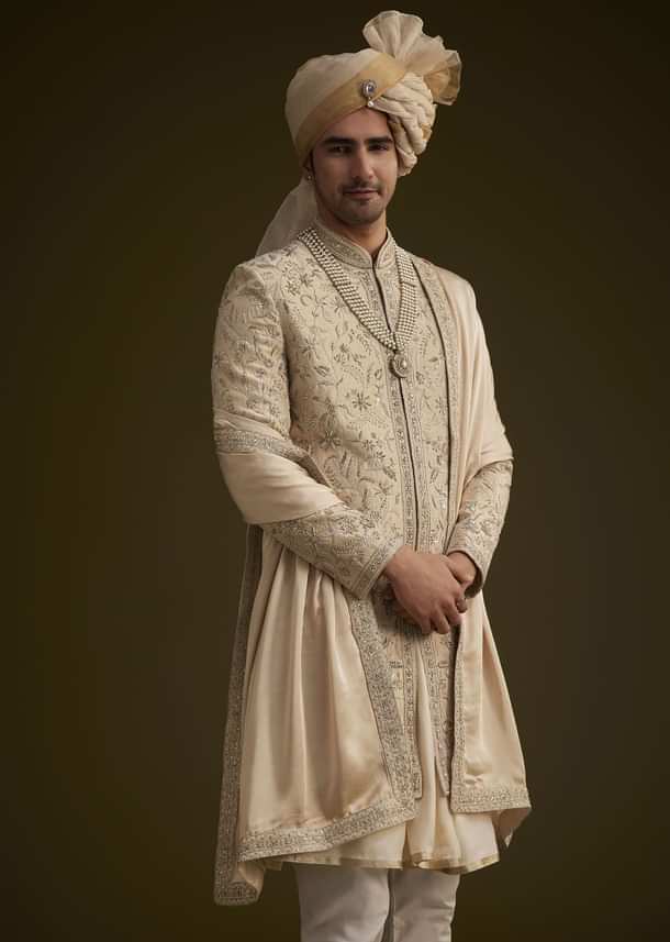Fawn Silk Sherwani With Zardosi Embroidery