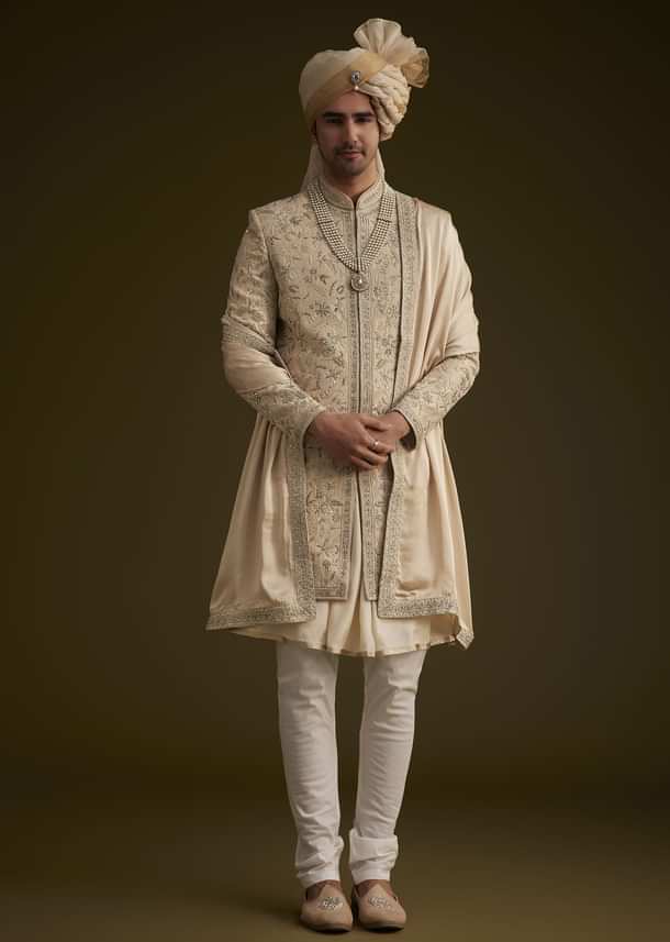 Fawn Silk Sherwani With Zardosi Embroidery