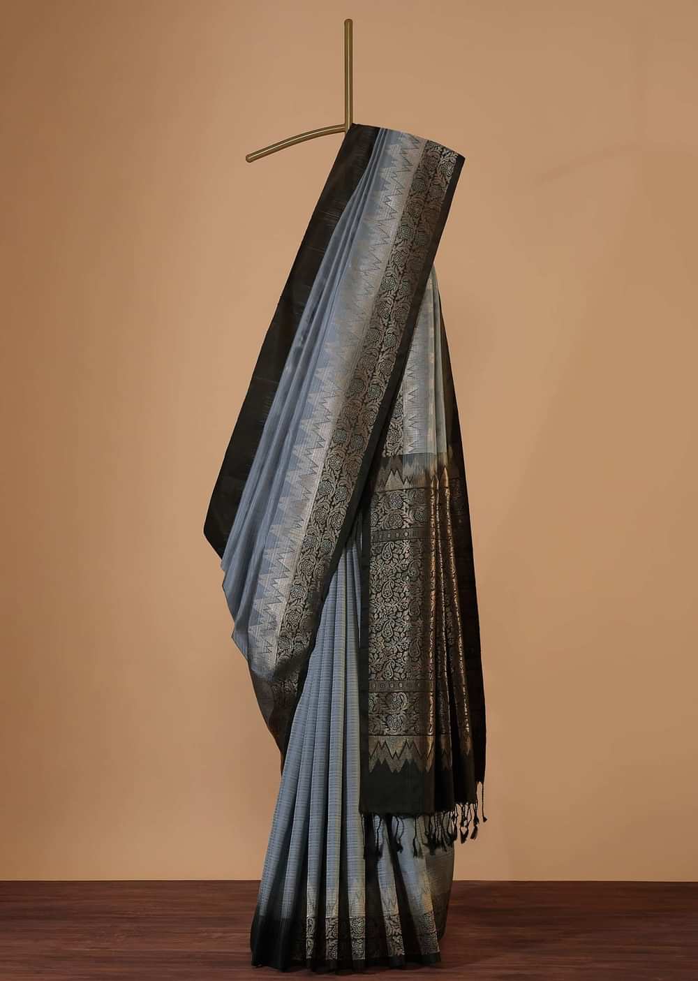 Airforce Blue Silk Saree With Black Border In Zari Weave