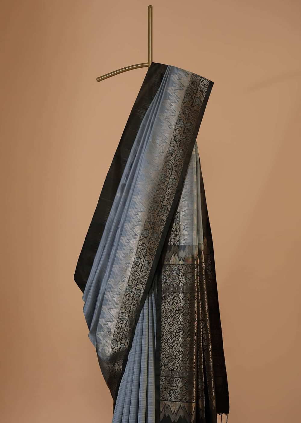 Airforce Blue Silk Saree With Black Border In Zari Weave