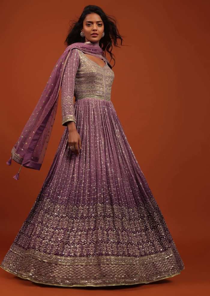 Striking Purple Ombre Embroidered Anarkali Suit In Georgette