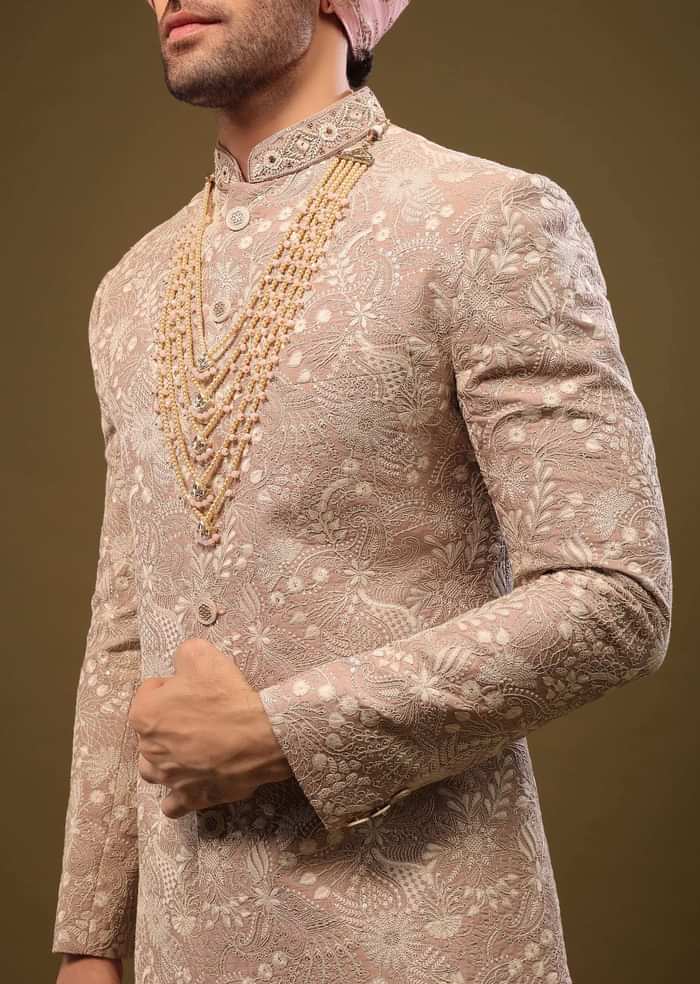 Tan Brown Silk Sherwani Set In Zari And Sequins Embroidery