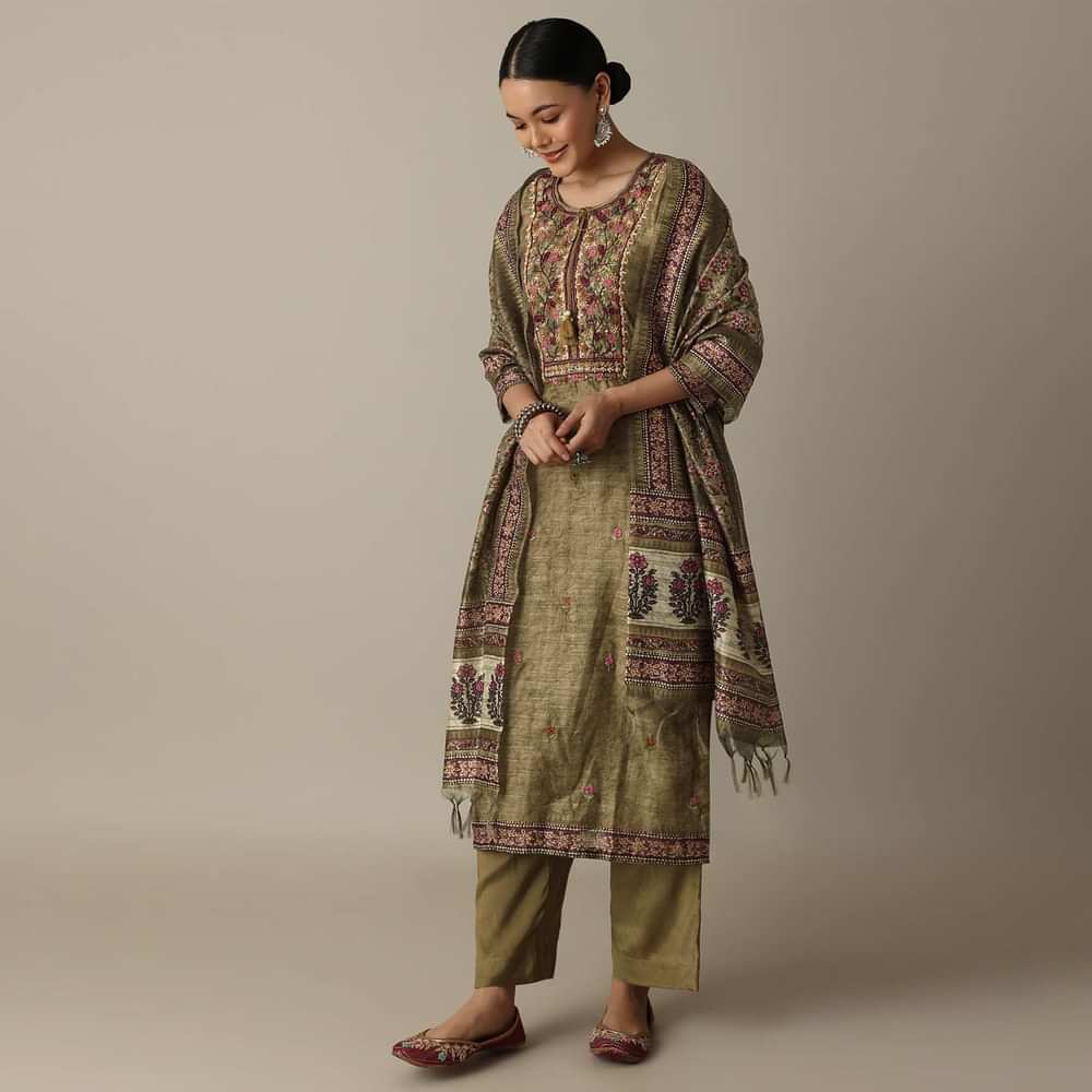 Stunning Brown Thread Work Kurti Pant Set