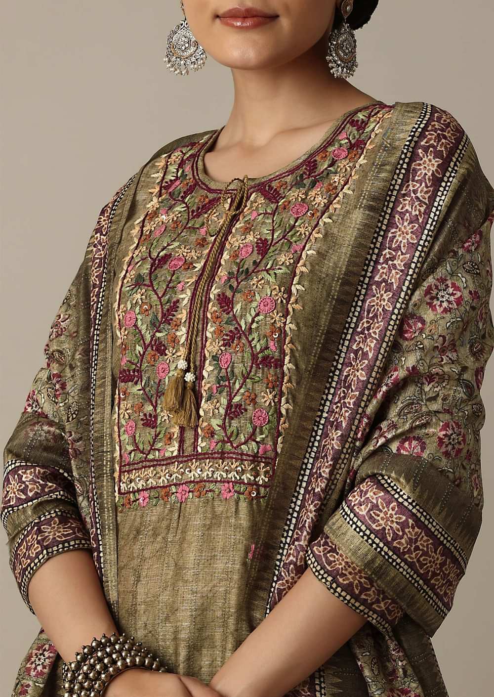 Stunning Brown Thread Work Kurti Pant Set
