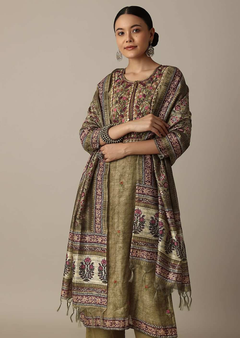 Stunning Brown Thread Work Kurti Pant Set