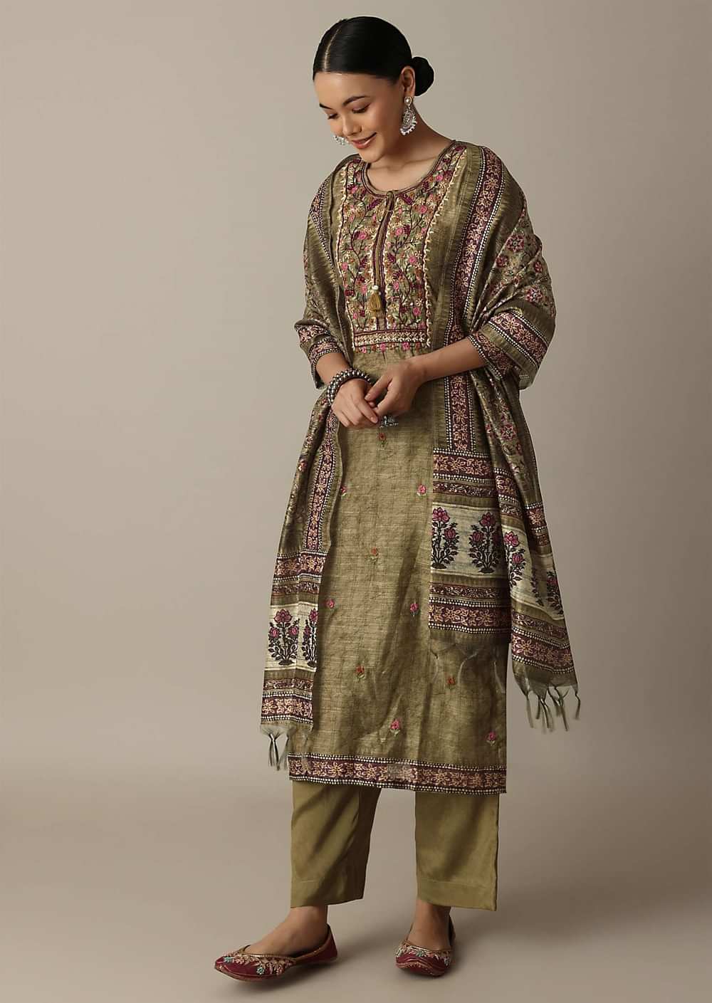 Stunning Brown Thread Work Kurti Pant Set
