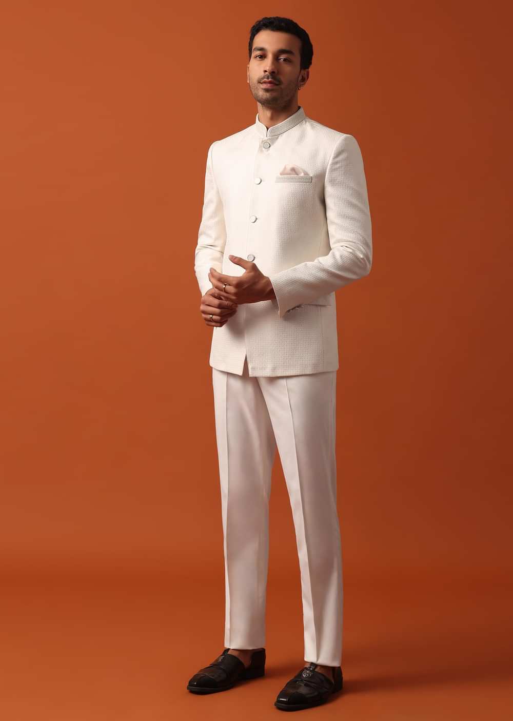 Stunning Pristine White Bandhgala Jodhpuri Suit