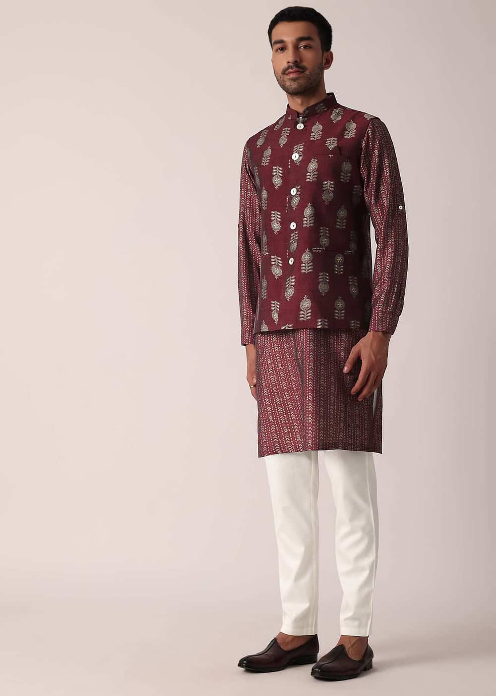 Stunning Red Festive Jacket Kurta Set For Men