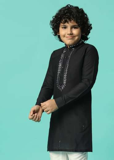Stylish Black Festive Embroidered Kurta Set For Boys