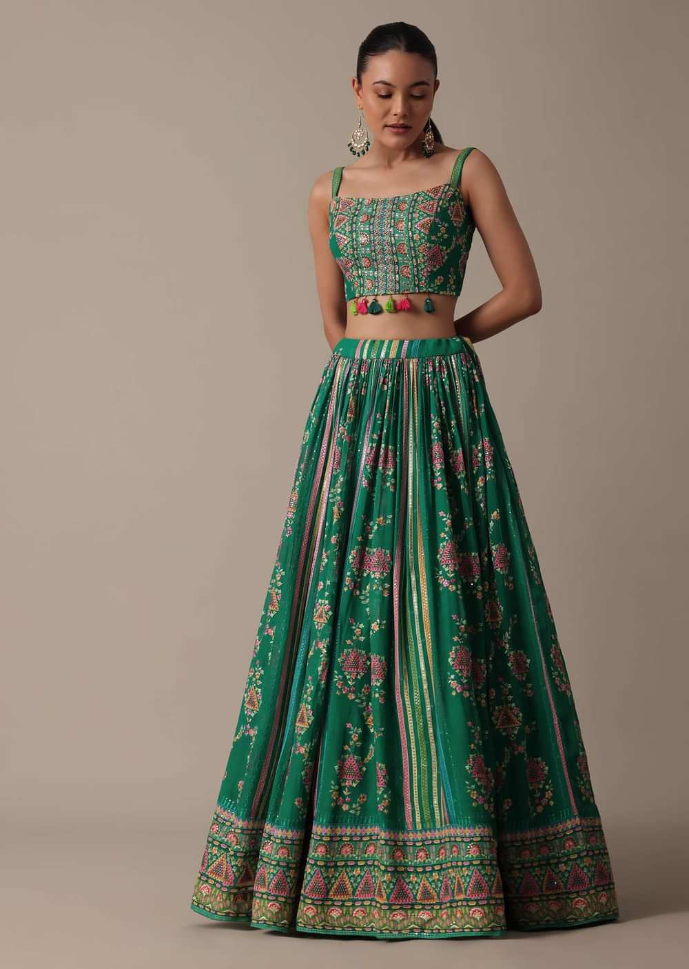 Stylish Green Lehenga Set With Embroidered Choli And Jacket