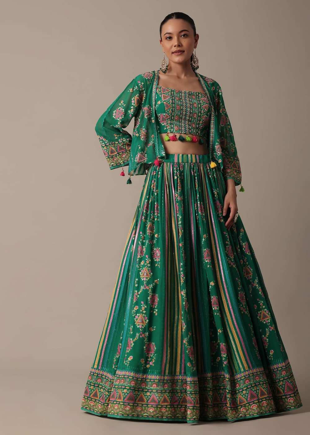 Stylish Green Lehenga Set With Embroidered Choli And Jacket
