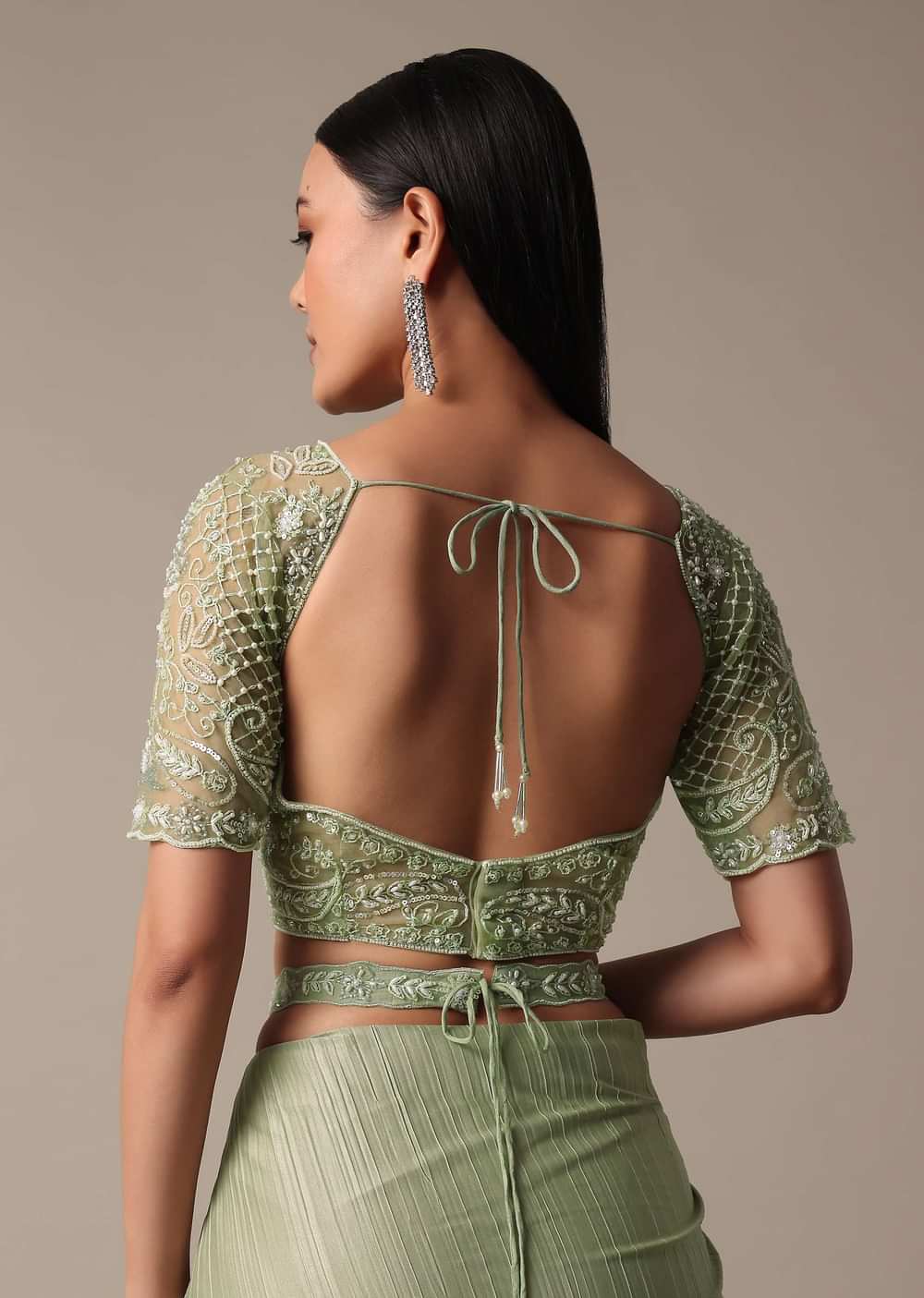 Stylish Green Ready Pleated Saree With Stitched Blouse