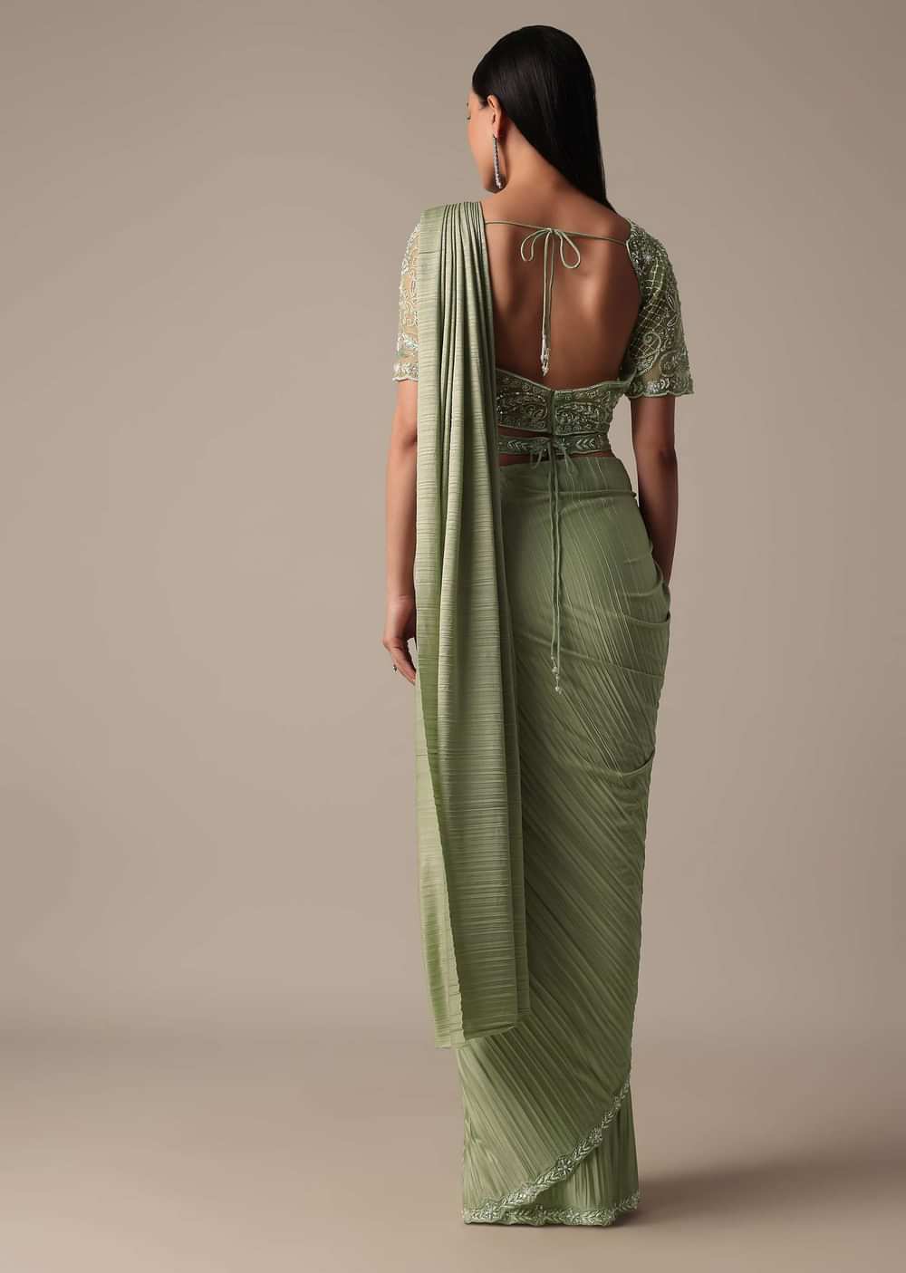 Stylish Green Ready Pleated Saree With Stitched Blouse