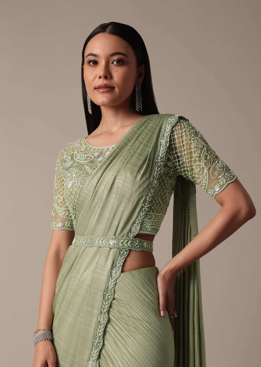Stylish Green Ready Pleated Saree With Stitched Blouse
