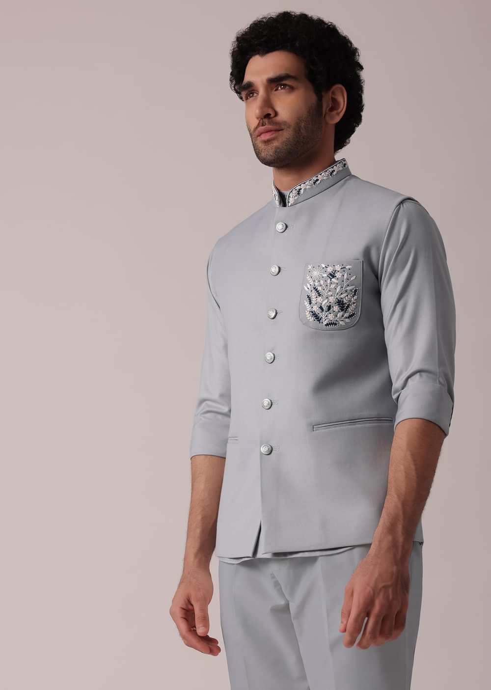 Stylish Grey Short Kurta With Embroidered Matching Bandi