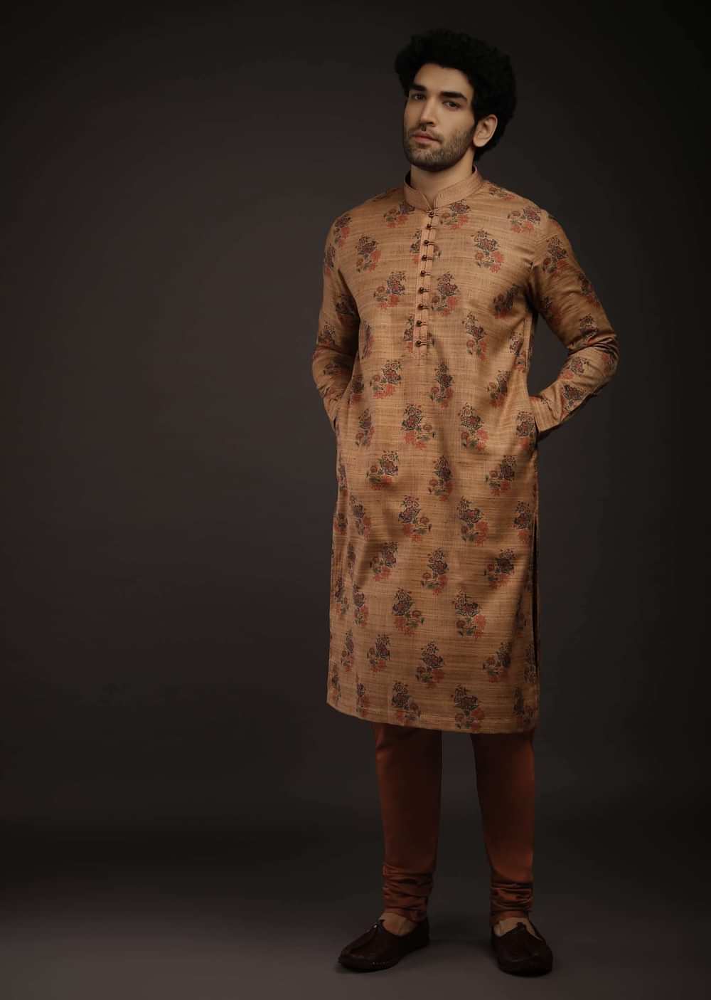 Sugar Brown Kurta Set In Raw Silk With Rust And Dark Blue Printed Floral Buttis