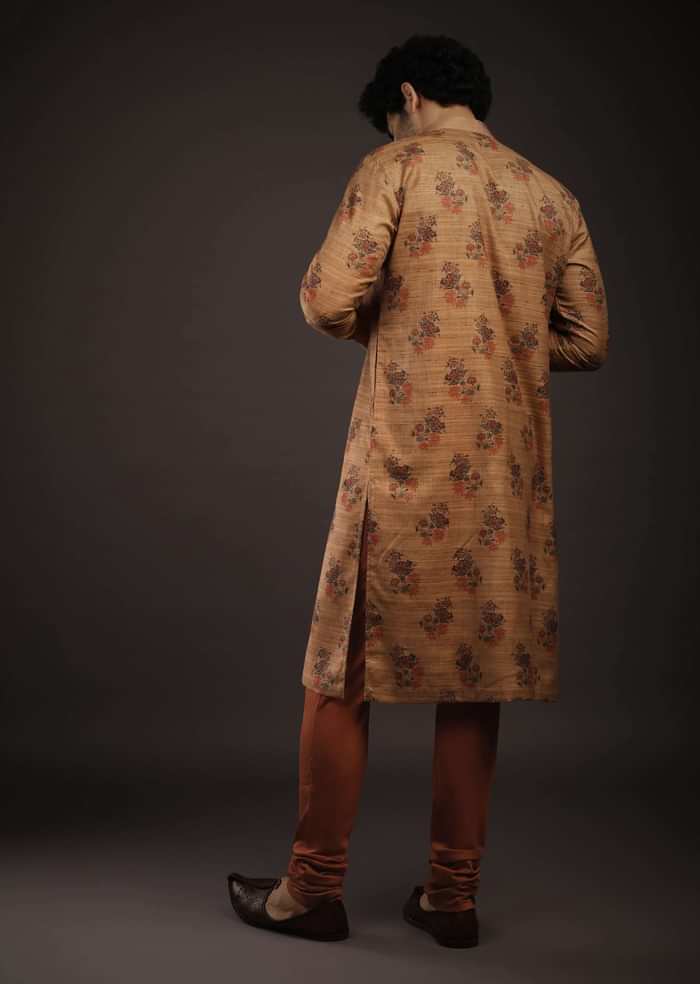 Sugar Brown Kurta Set In Raw Silk With Rust And Dark Blue Printed Floral Buttis