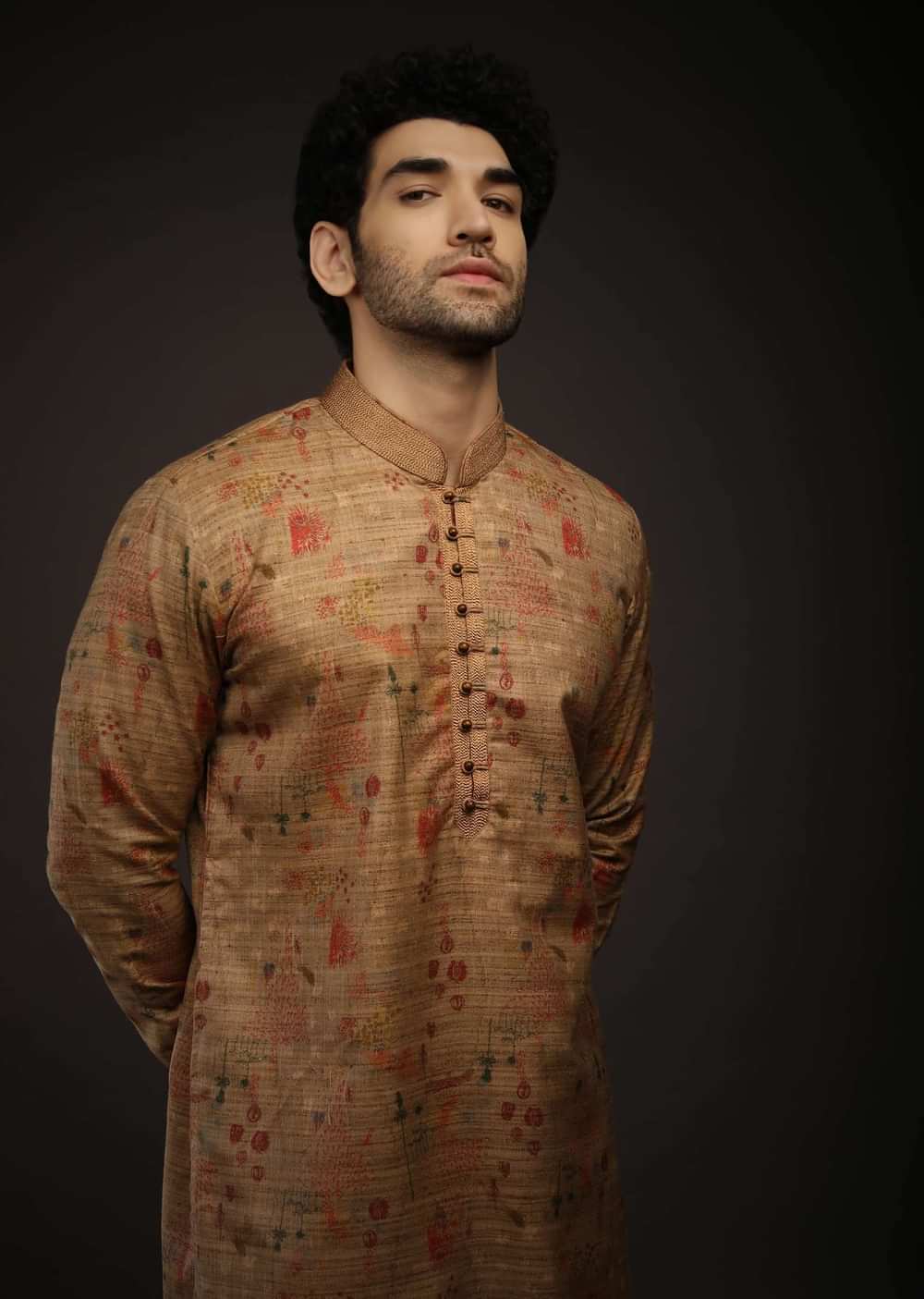 Sugar Brown Kurta Set In Raw Silk With Rust Printed Floral Buttis