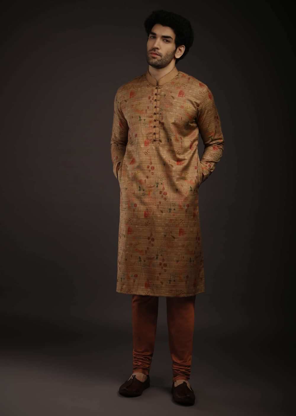 Sugar Brown Kurta Set In Raw Silk With Rust Printed Floral Buttis