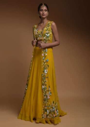Sun Yellow Skirt, Crop Top And Jacket With 3D Flowers And Embossed Embroidery