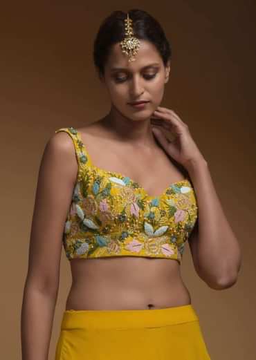 Sun Yellow Skirt, Crop Top And Jacket With 3D Flowers And Embossed Embroidery