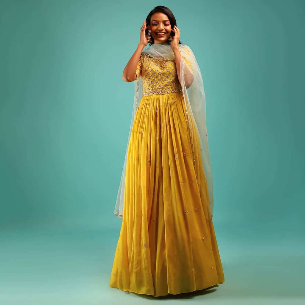 Sun Yellow Anarkali Suit With Zardosi Hand Work And Half Sleeves