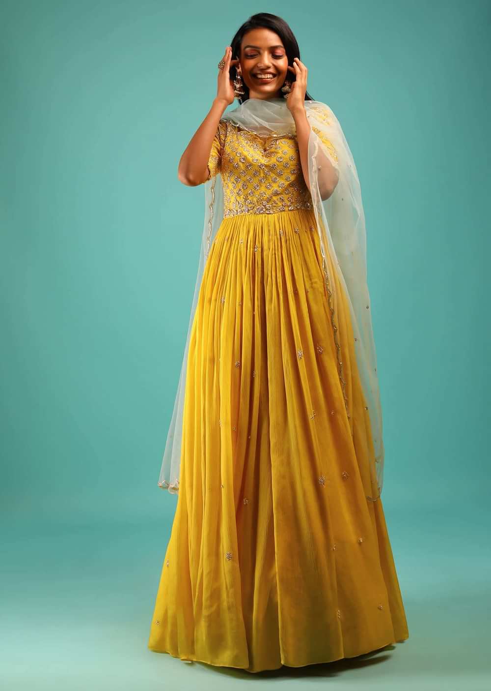 Sun Yellow Anarkali Suit With Zardosi Hand Work And Half Sleeves