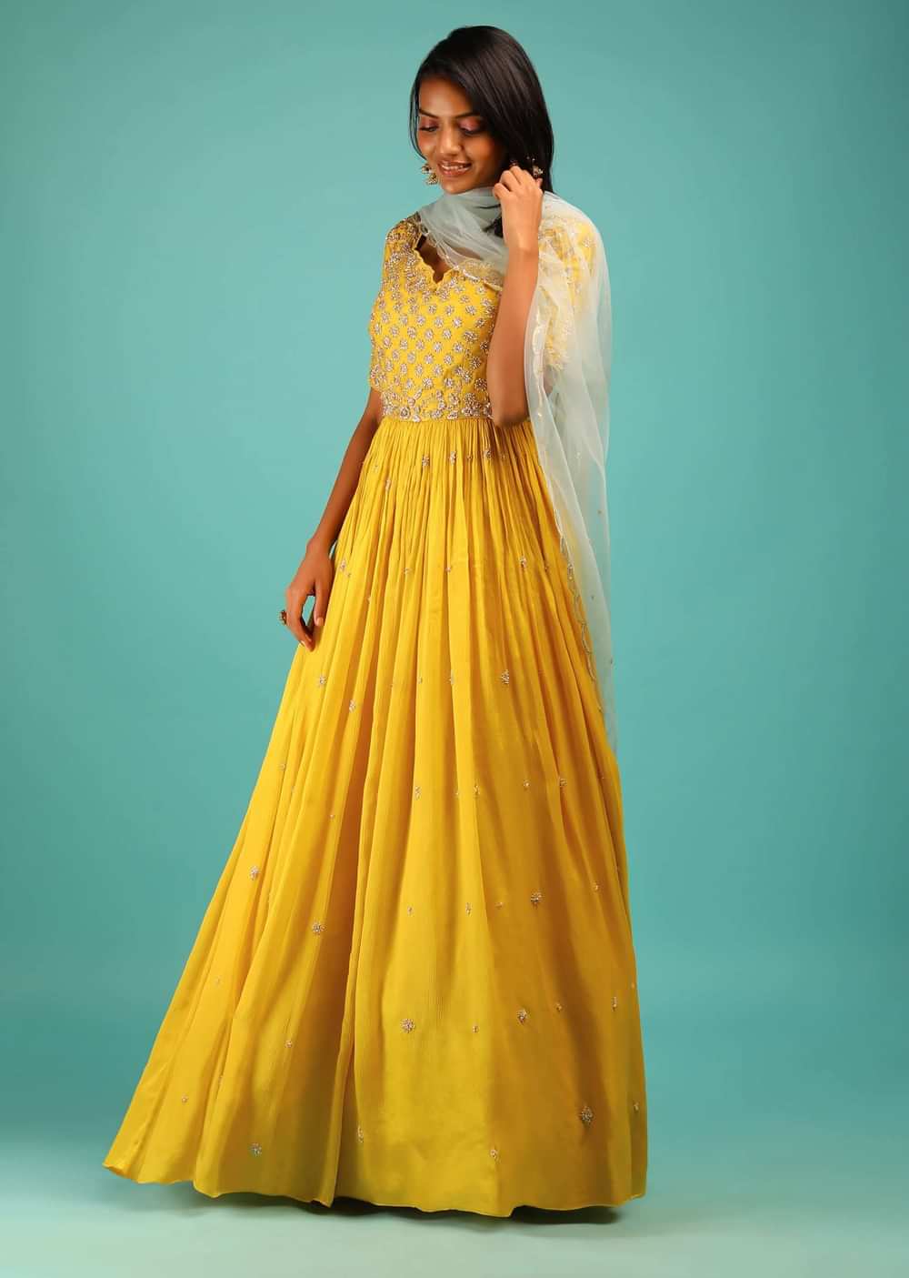 Sun Yellow Anarkali Suit With Zardosi Hand Work And Half Sleeves