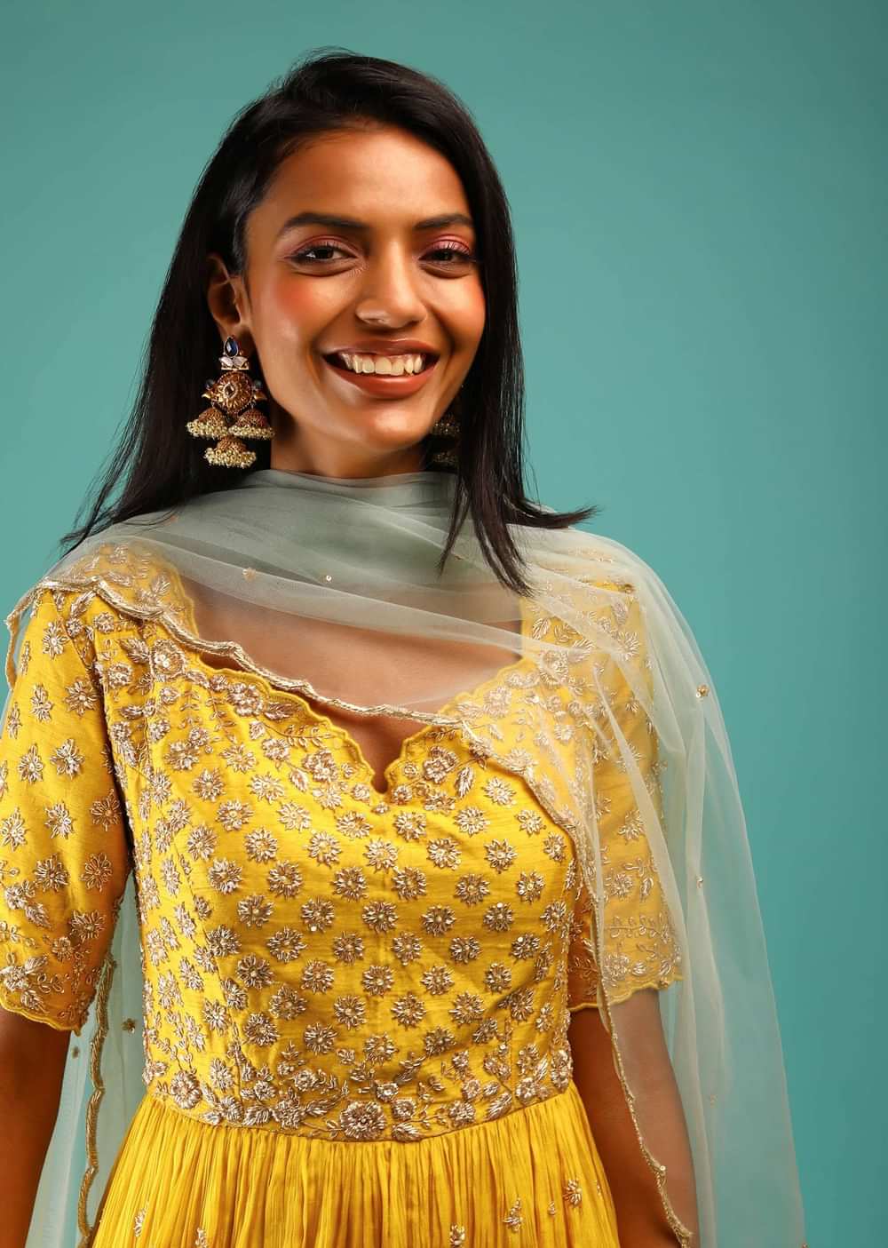 Sun Yellow Anarkali Suit With Zardosi Hand Work And Half Sleeves