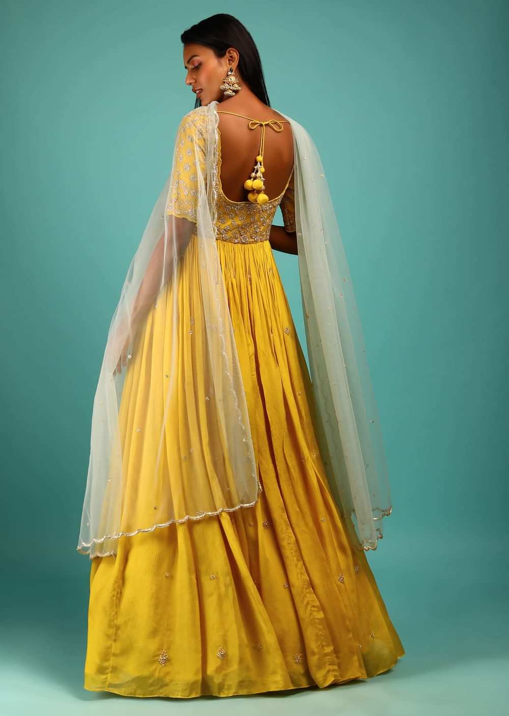 Sun Yellow Anarkali Suit With Zardosi Hand Work And Half Sleeves