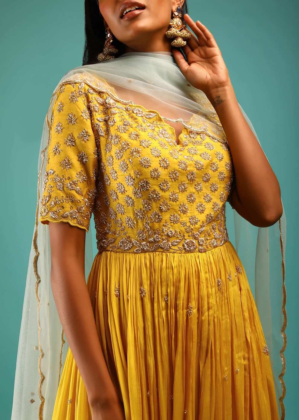 Sun Yellow Anarkali Suit With Zardosi Hand Work And Half Sleeves