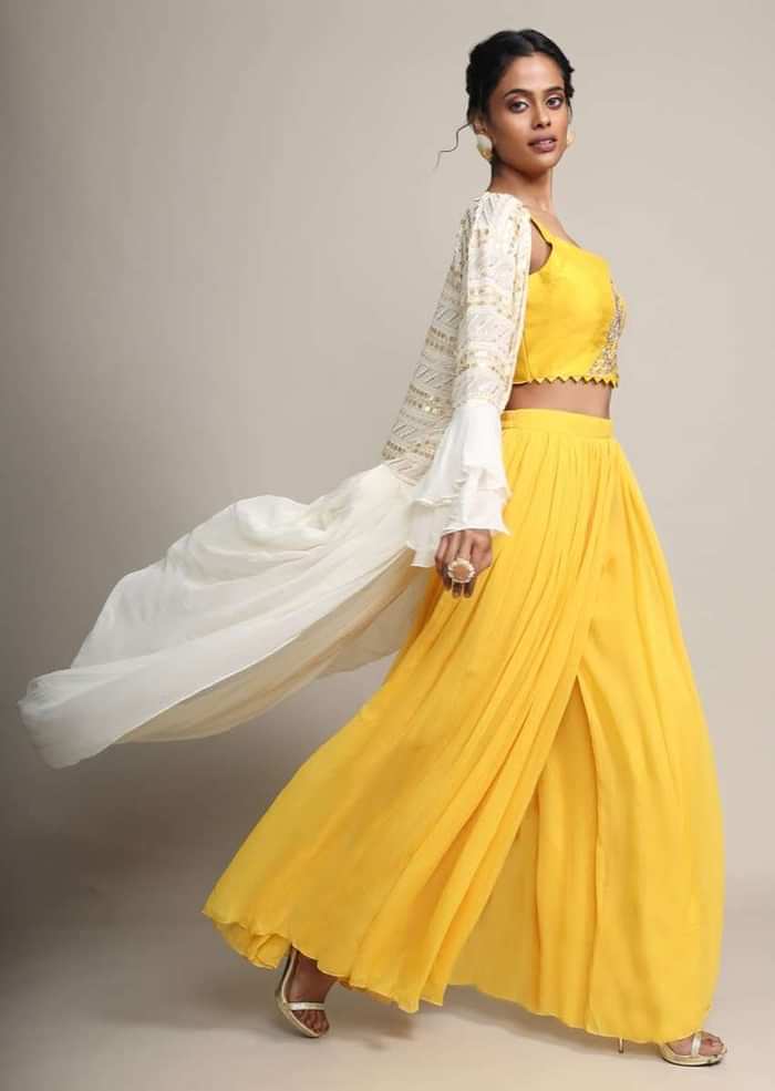 Sun Yellow Palazzo And Crop Top With Off White Long Jacket With Cowl Drape
