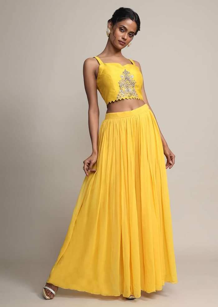 Sun Yellow Palazzo And Crop Top With Off White Long Jacket With Cowl Drape
