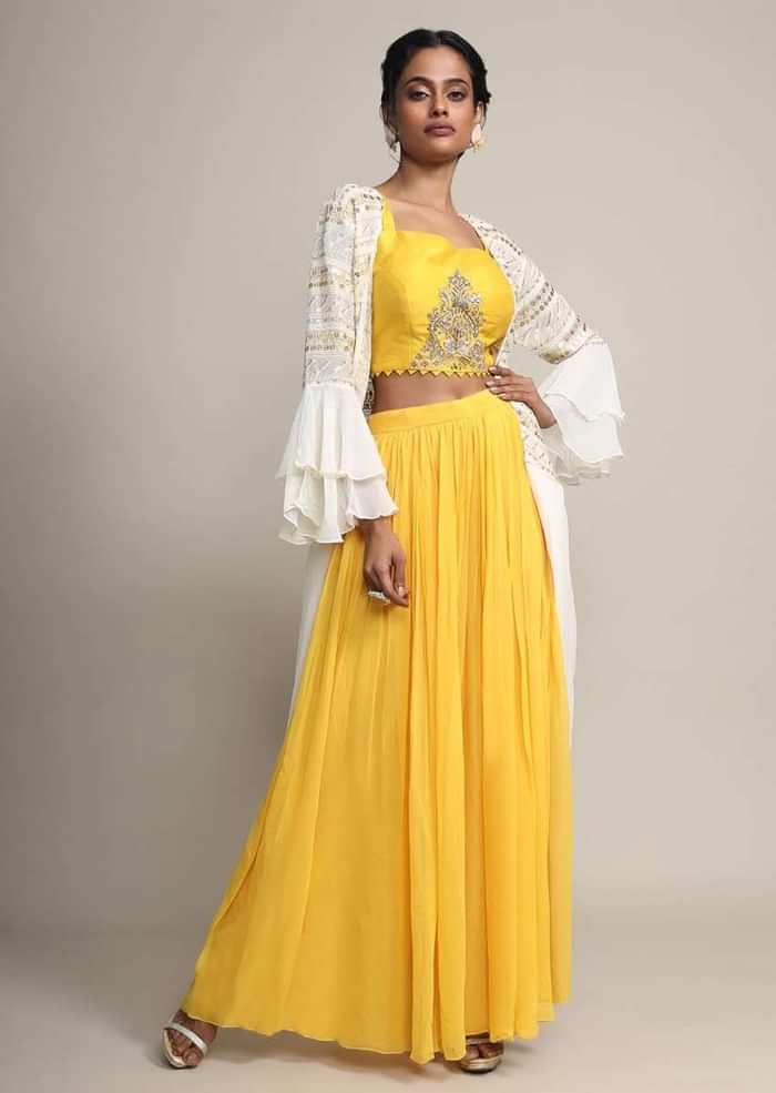Sun Yellow Palazzo And Crop Top With Off White Long Jacket With Cowl Drape