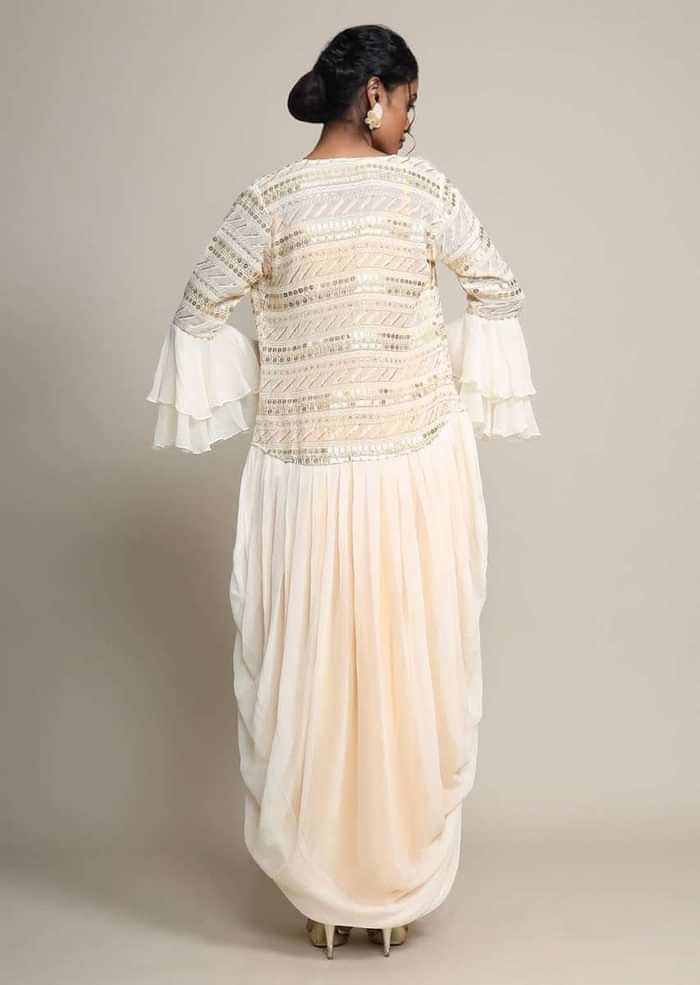 Sun Yellow Palazzo And Crop Top With Off White Long Jacket With Cowl Drape