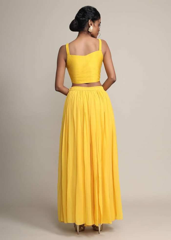 Sun Yellow Palazzo And Crop Top With Off White Long Jacket With Cowl Drape