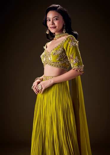 Mehendi Green Velvet Lehenga With Embellished Cross Body Blouse