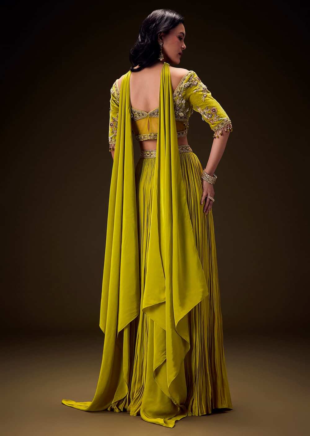 Mehendi Green Velvet Lehenga With Embellished Cross Body Blouse