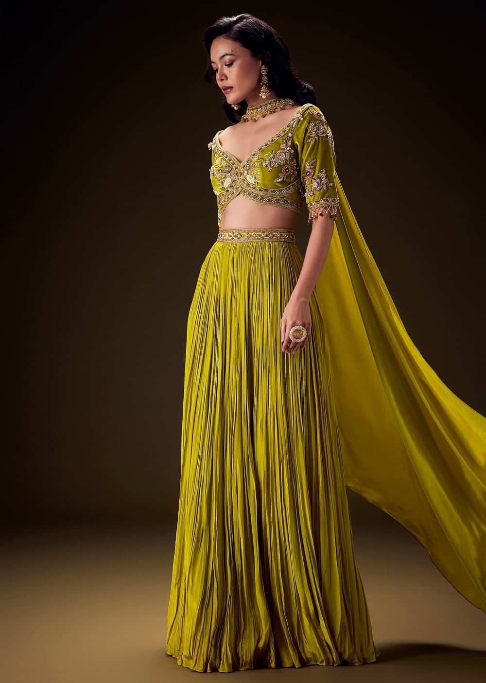 Mehendi Green Velvet Lehenga With Embellished Cross Body Blouse