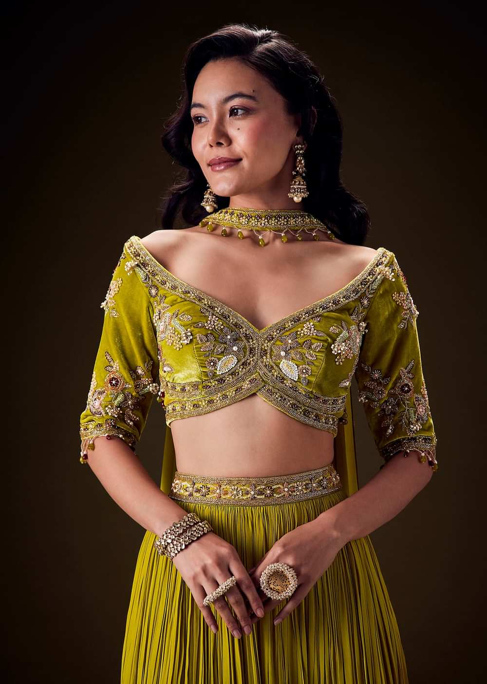 Mehendi Green Velvet Lehenga With Embellished Cross Body Blouse