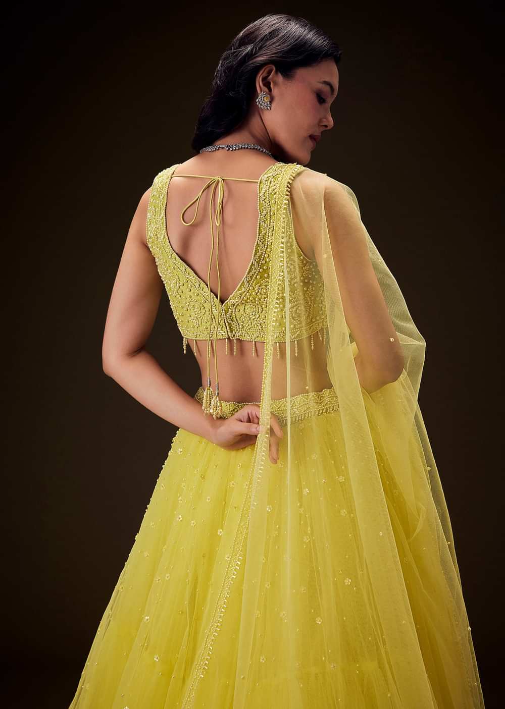 Sunshine Yellow Net Hand Embroided Pearl Work Lehenga Set