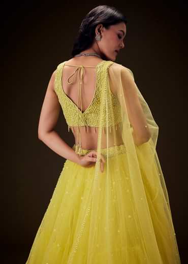 Sunshine Yellow Net Hand Embroided Pearl Work Lehenga Set