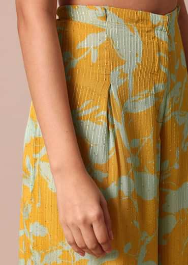Sunshine Yellow Printed Palazzo and Jacket With Sky Blue Crop Top