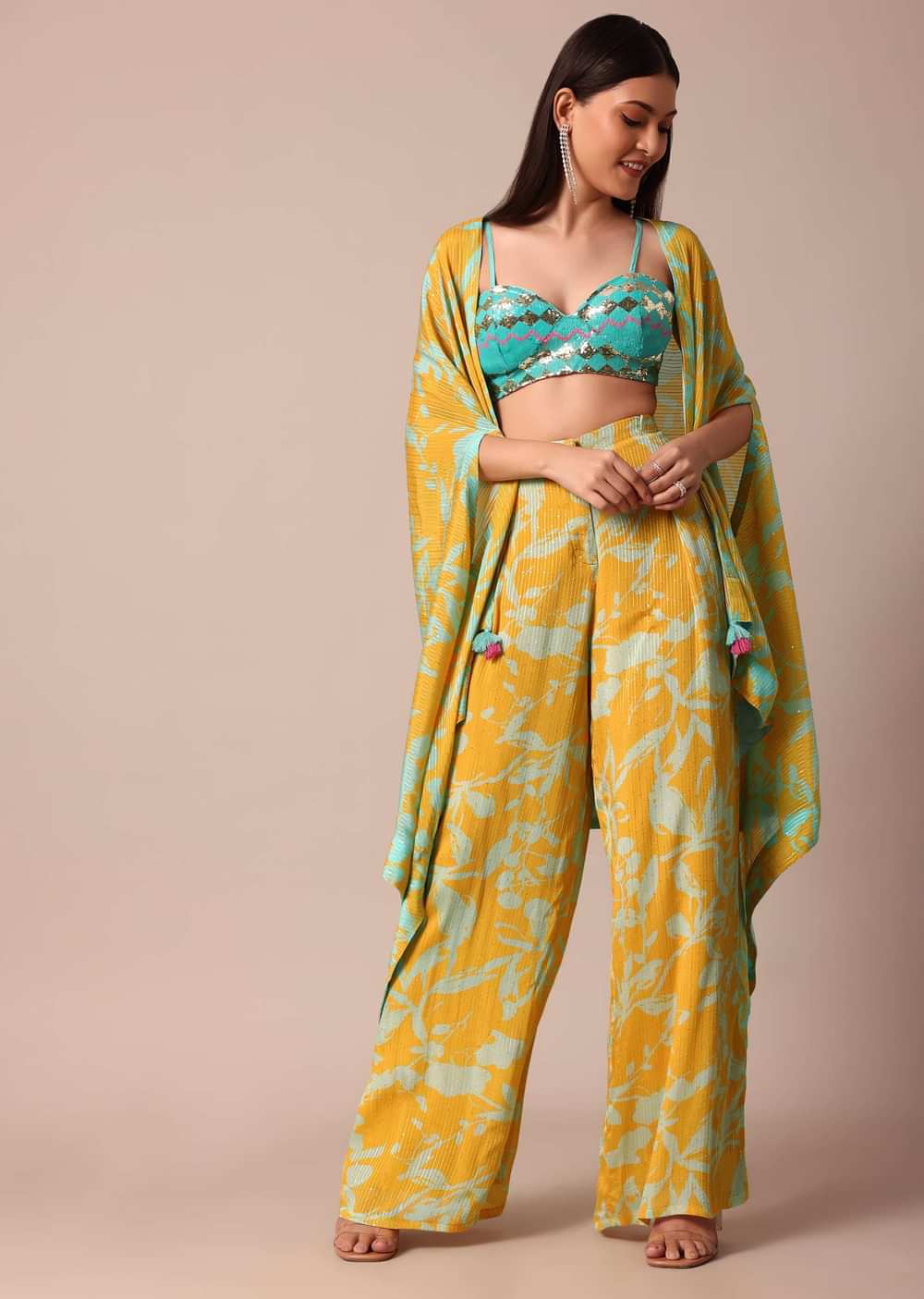 Sunshine Yellow Printed Palazzo and Jacket With Sky Blue Crop Top