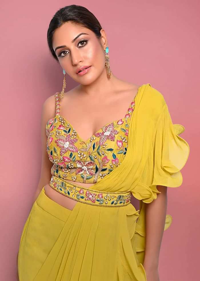 Citrus Ready To Wear Ruffle Saree With Multi-Color Floral Hand Embroidered Blouse