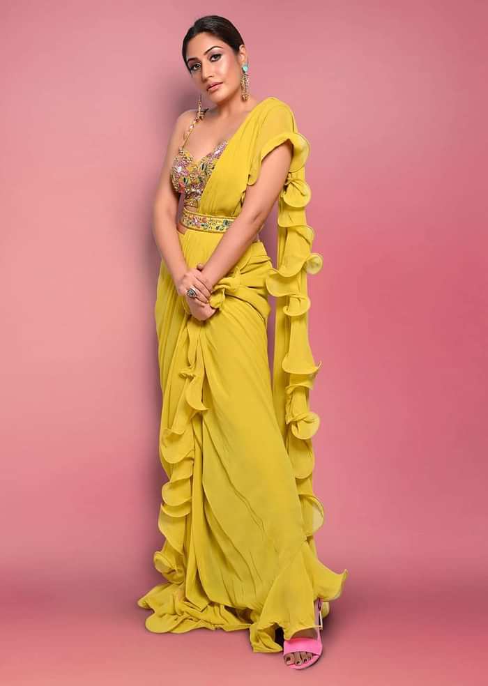 Citrus Ready To Wear Ruffle Saree With Multi-Color Floral Hand Embroidered Blouse