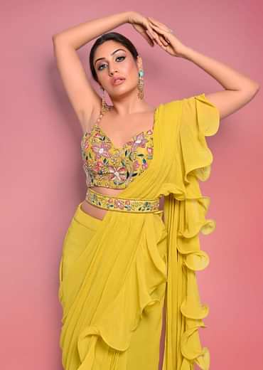 Surbhi Chandna In Kalki Citrus Ready Pleated Ruffle Saree With Multi-Color Floral Hand Embroidered Blouse