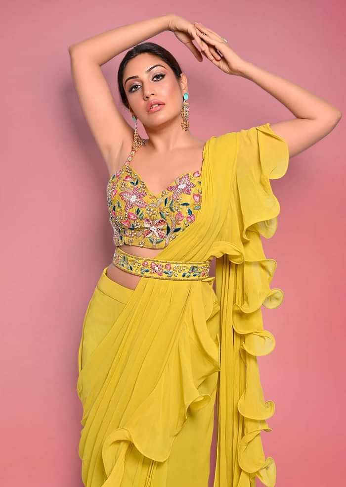 Citrus Ready To Wear Ruffle Saree With Multi-Color Floral Hand Embroidered Blouse