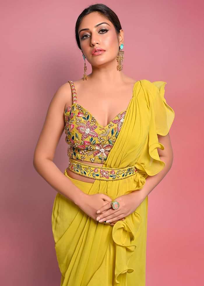 Citrus Ready To Wear Ruffle Saree With Multi-Color Floral Hand Embroidered Blouse
